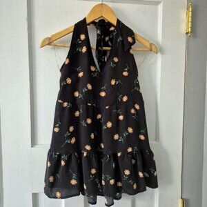 American Eagle Floral Deep V Neck Halter Top  Black Sz S